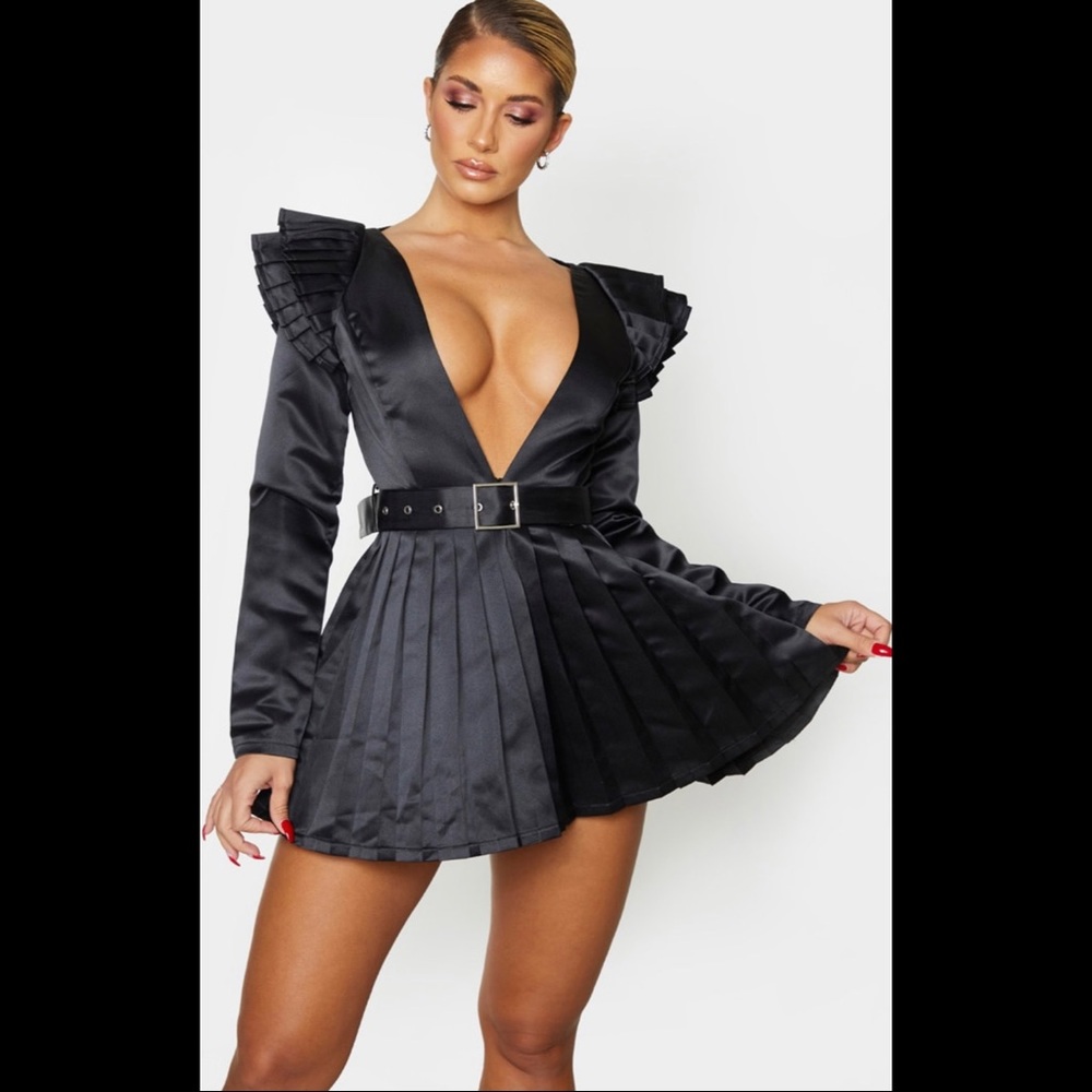 PrettyLittleThing Black Pleated Satin Plunge Long Sleeve Romper